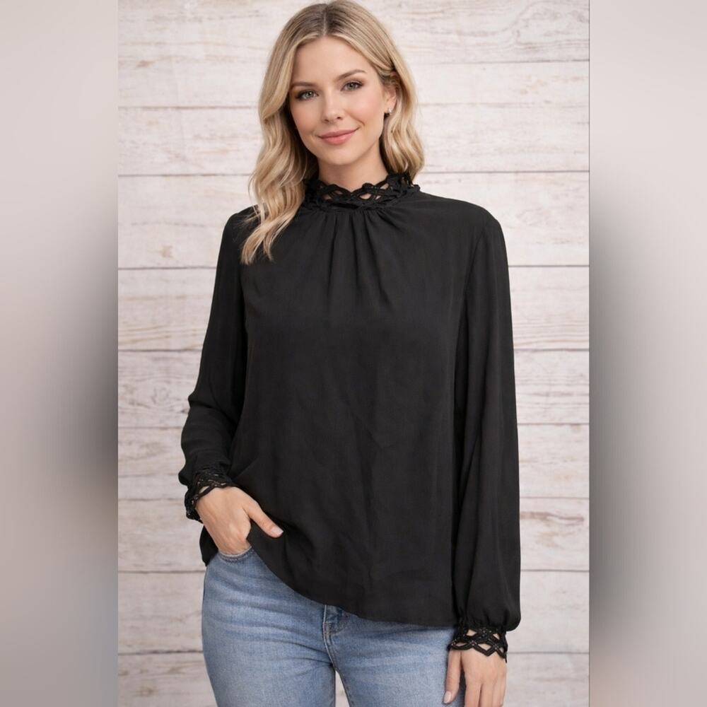 Black Lightweight Chiffon- Like Ribbed Crisscross Trim Blouse Sz XL #947